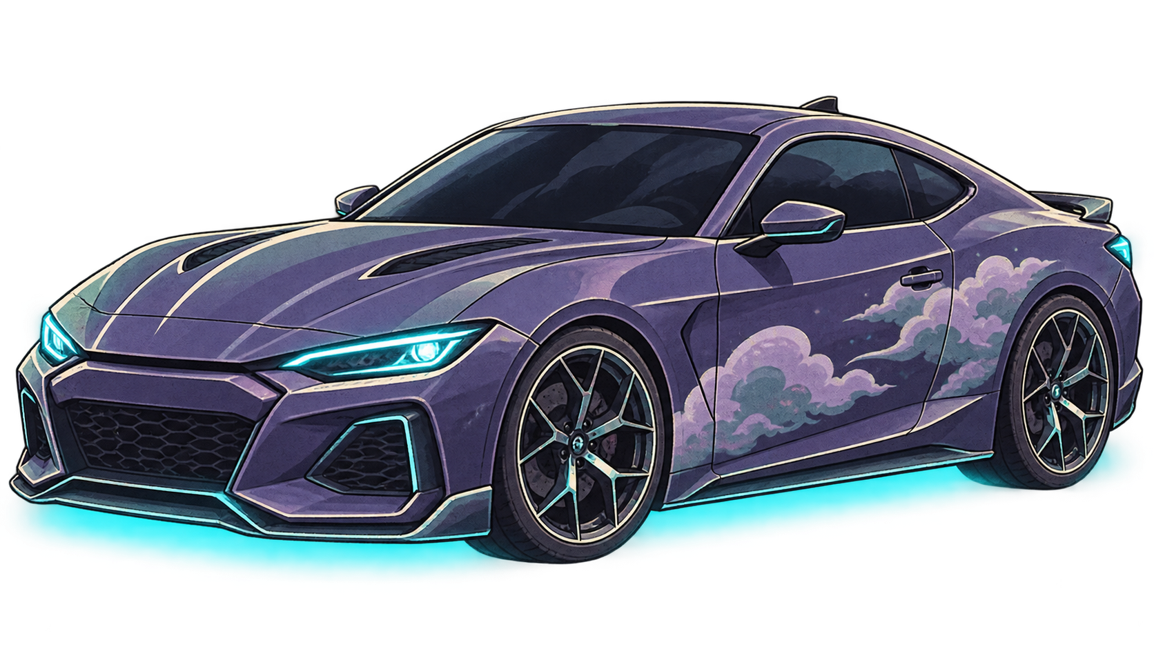 Purple cloud-patterned car emerging from mist